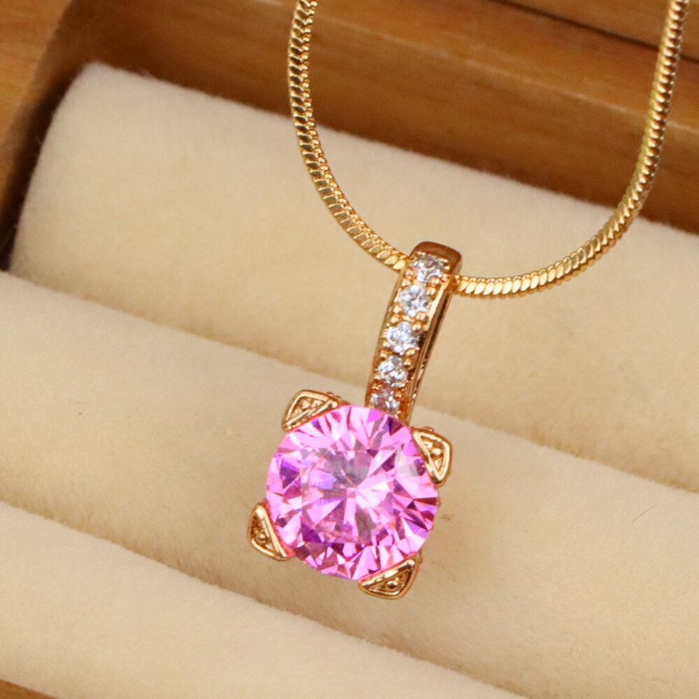 "Elegant Pink Round Pendant with Gold Plated Sparkling Bail Detail, XPPT1720